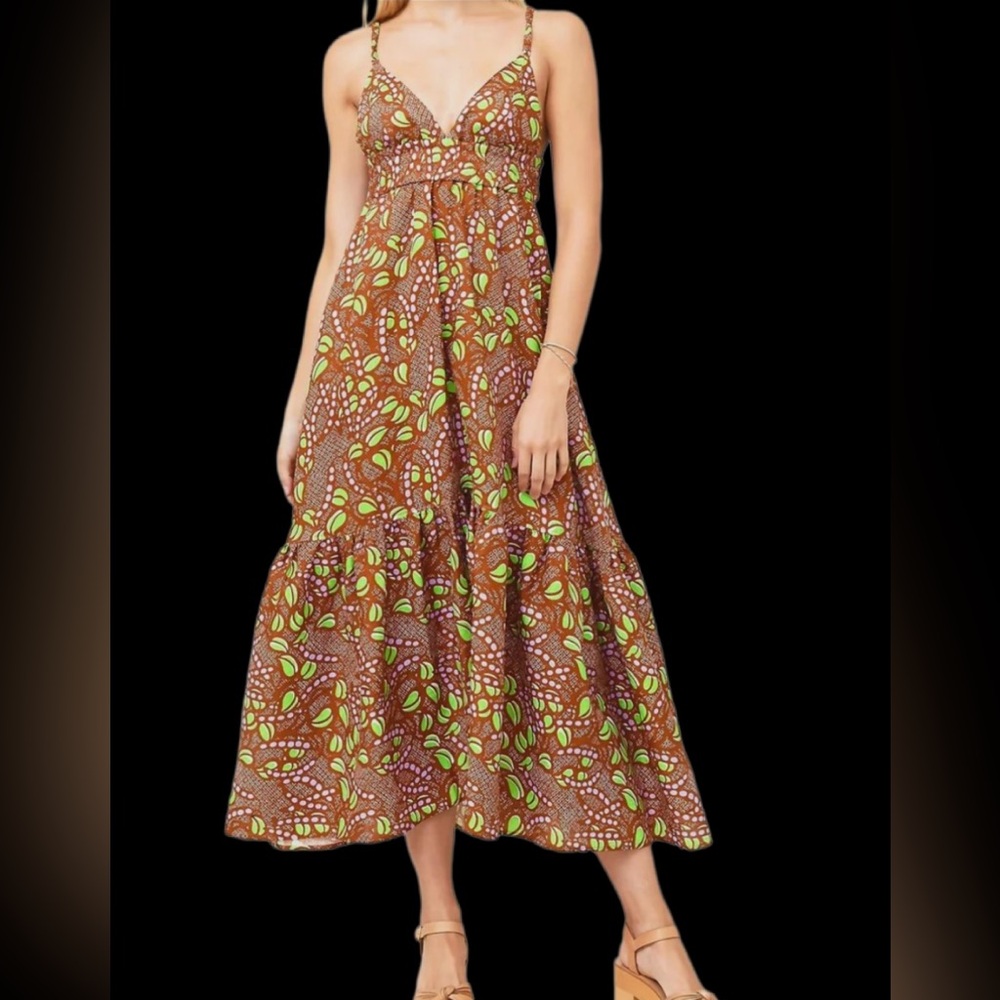 A.L.C. NWT RHODES SLEEVELESS MIDI DRESS SIZE 00 IN BROWN/GREEN/PURPLE 100% LINEN